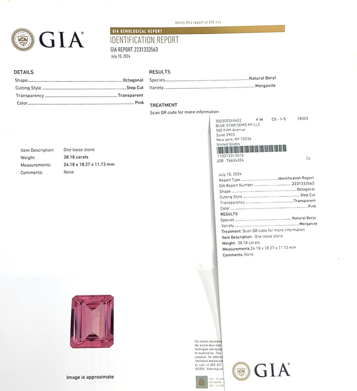 38.18ct 4A Grade Pink Morganite Emerald Cut Gemstone (BSGPF01)