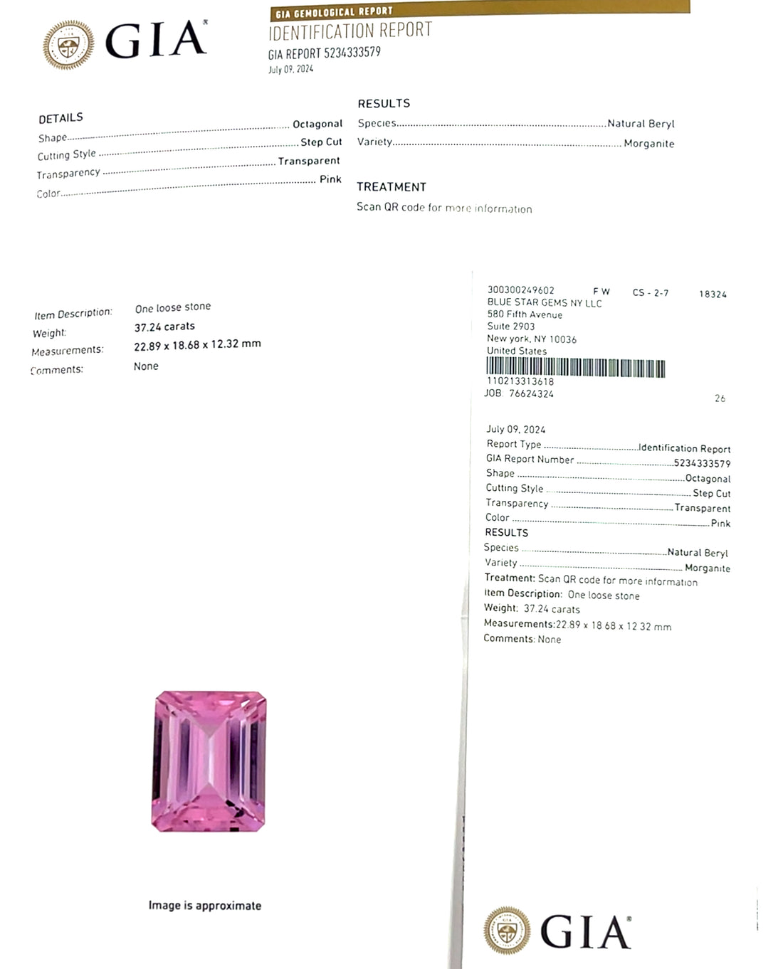 Buy 37.24ct Pink Morganite Emerald Cut Gemstone Online (BSGPF05)