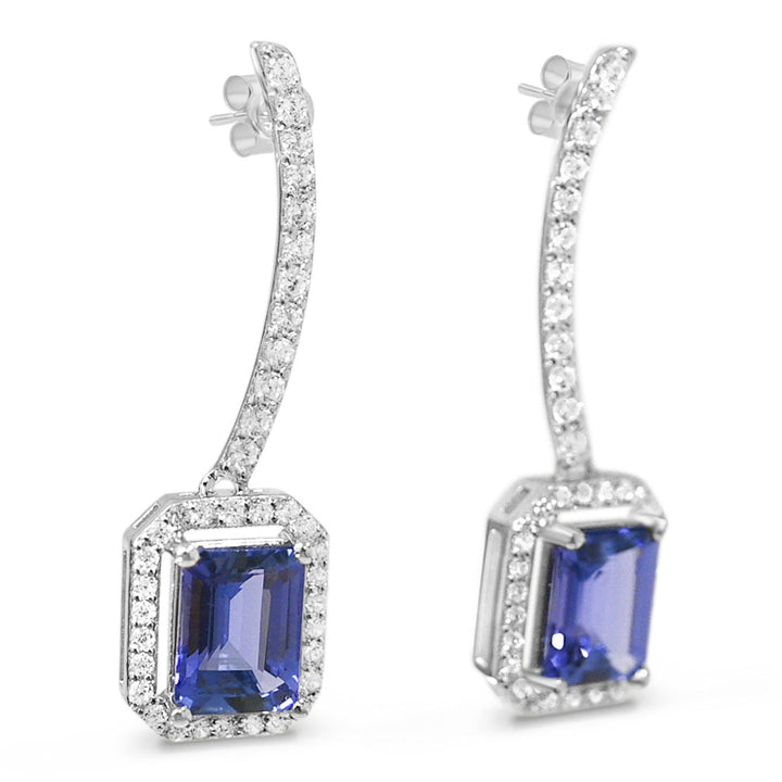 Octagon Tanzanite and Round White CZ Rhodium Plated 925 Sterling Silver 2.91 Cts / 2.81 Gm Earring PJC31628E - Bluestargemstones - - 