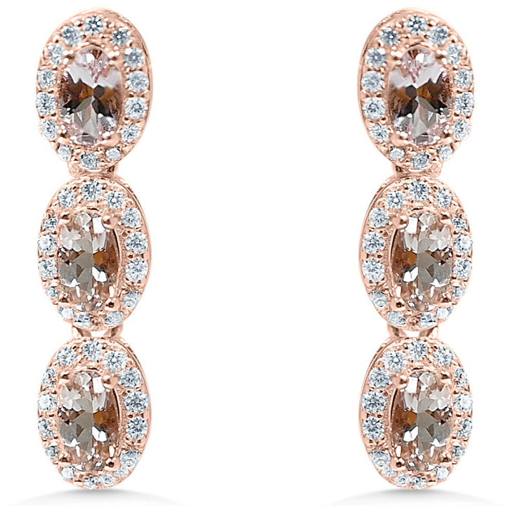 Oval Pink Morganite and Round White CZ 18K 1MM Rose Metal Plated 925 Sterling Silver 8.460 Cts / 5.56 Gm Earring PJC31577E - Bluestargemstones - - 