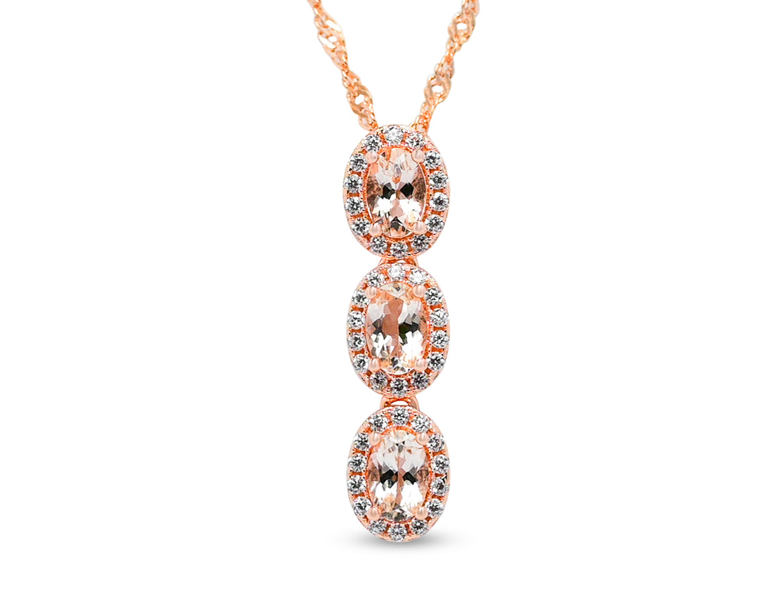 Three-Stone Morganite Oval Pendant (1.21 ctw, 18K Rose Gold Plated) (PJC19313P)