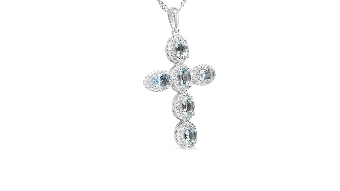 6x4 mm Oval Aquamarine Cross Pendant: A Stunning Statement Piece (PJC20493P)