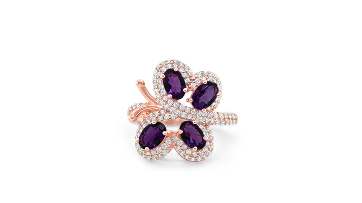 925 Sterling Silver Butterfly Amethyst Ring: 2.44ct, Oval Cut, 18K Rose Gold Plated (PJC3015R) - 925 Sterling Silver Butterfly Amethyst Ring: 2.44ct, Oval Cut, 18K Rose Gold Plated (PJC3015R)