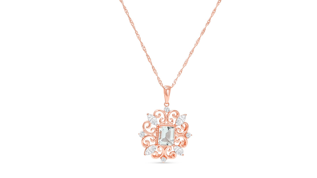 Vintage Aquamarine Octagon Pendant (11x9mm, 3.6 CTs) - 925 Sterling Silver with 18K Rose Gold Plating (PJC31577P)