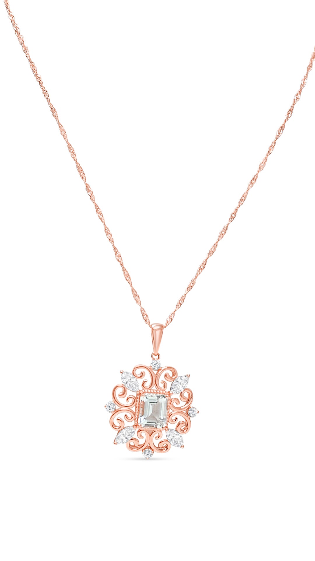 Vintage Aquamarine Octagon Pendant (11x9mm, 3.6 CTs) - 925 Sterling Silver with 18K Rose Gold Plating (PJC31577P)