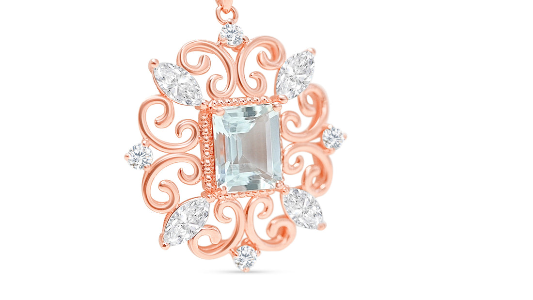 Vintage Aquamarine Octagon Pendant (11x9mm, 3.6 CTs) - 925 Sterling Silver with 18K Rose Gold Plating (PJC31577P)