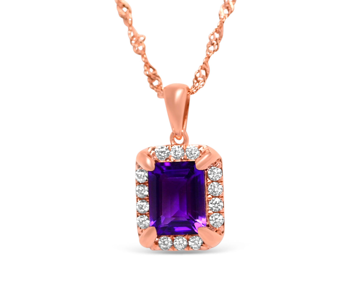 Radiant Amethyst Halo Pendant: 9x7mm, 925 Sterling Silver with 18K Rose Gold Plating (PJC31580P)