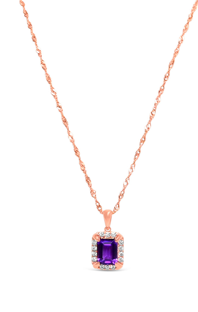 Radiant Amethyst Halo Pendant: 9x7mm, 925 Sterling Silver with 18K Rose Gold Plating (PJC31580P)