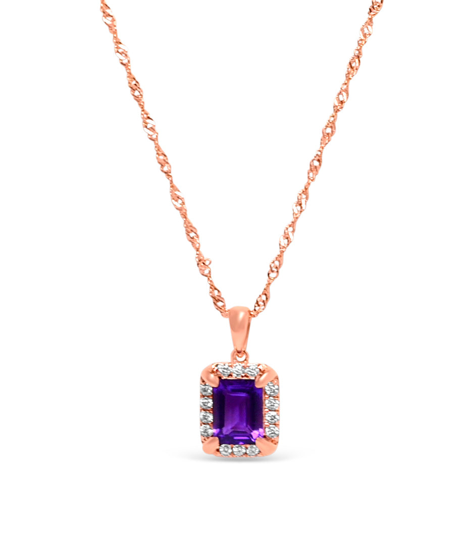 Radiant Amethyst Halo Pendant: 9x7mm, 925 Sterling Silver with 18K Rose Gold Plating (PJC31580P)