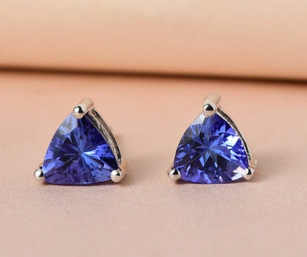 Elegant 14K Rhodium-Plated Gold Earrings with Trillion-Cut Tanzanite - 1.78 Carats (PJC31582E)