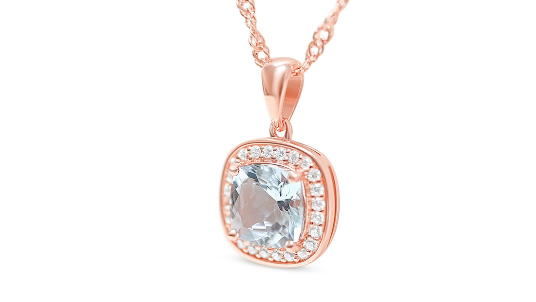 Aquamarine Halo Pendant with 1.86 Carats, 925 Sterling Silver with 18K Rose Gold Plating (PJC31597P)