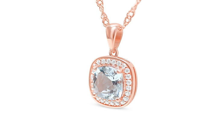 Aquamarine Halo Pendant with 1.86 Carats, 925 Sterling Silver with 18K Rose Gold Plating (PJC31597P) - Aquamarine Halo Pendant with 1.86 Carats, 925 Sterling Silver with 18K Rose Gold Plating (PJC31597P)