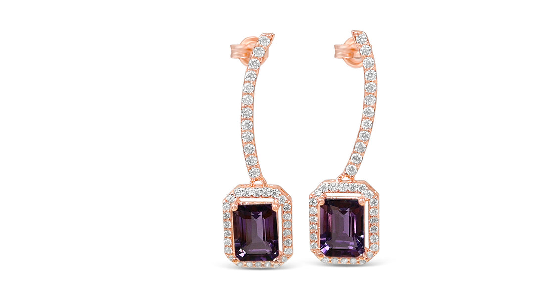 Amethyst Cluster Dangle Earrings: 8x6mm, 2.6 Carats, 18K Rose Gold Plated (PJC31628E)