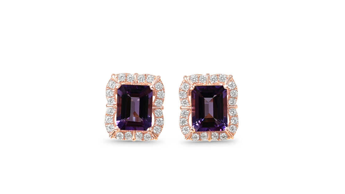 Luxurious Halo Amethyst Earrings: 925 Silver, 18K Rose Gold, 3.63g (PJC31639E)