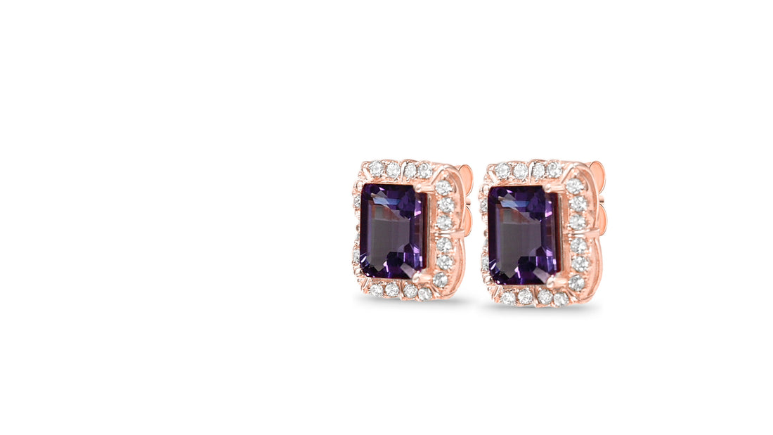 Luxurious Halo Amethyst Earrings: 925 Silver, 18K Rose Gold, 3.63g (PJC31639E)