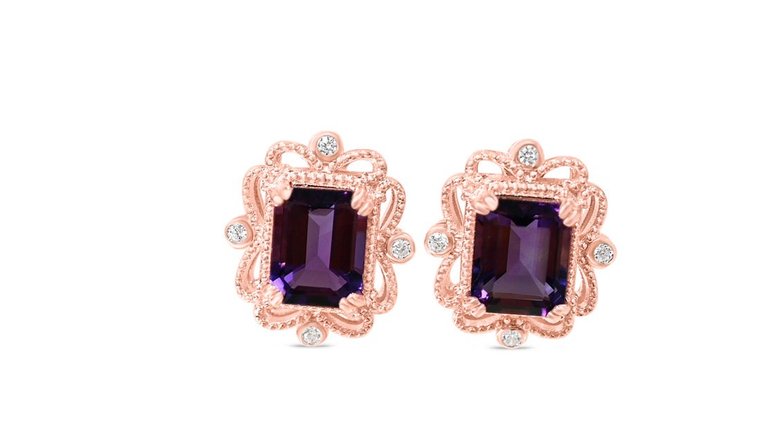 9x7mm Amethyst Earrings, 925 Sterling Silver, 18K Rose Gold Plated (PJC31656E)