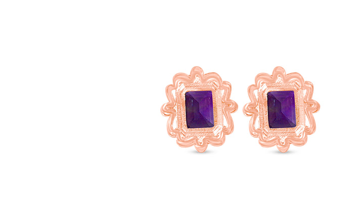 9x7mm Amethyst Earrings, 925 Sterling Silver, 18K Rose Gold Plated (PJC31656E)