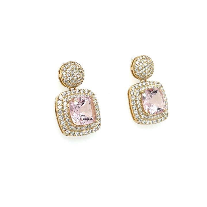 14K Yellow Gold Cushion-Cut Pink Morganite Earrings – 4.13 Carats of Radiant Glamour (PJC34164E)