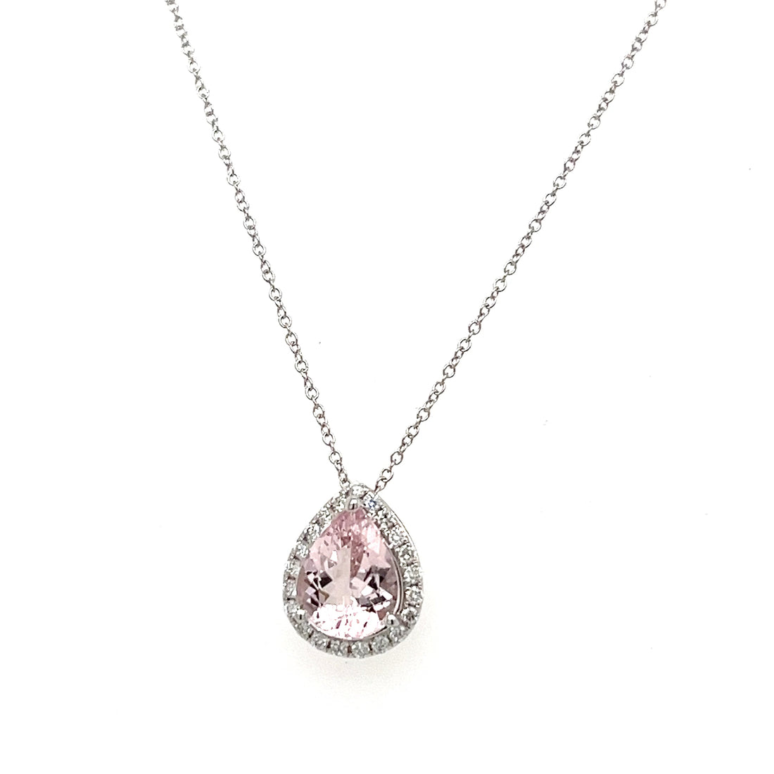 14K White Gold  Necklace with Pear-Cut Pink Morganite – 1.26 Carats, Rhodium Plated (PJC34173P)