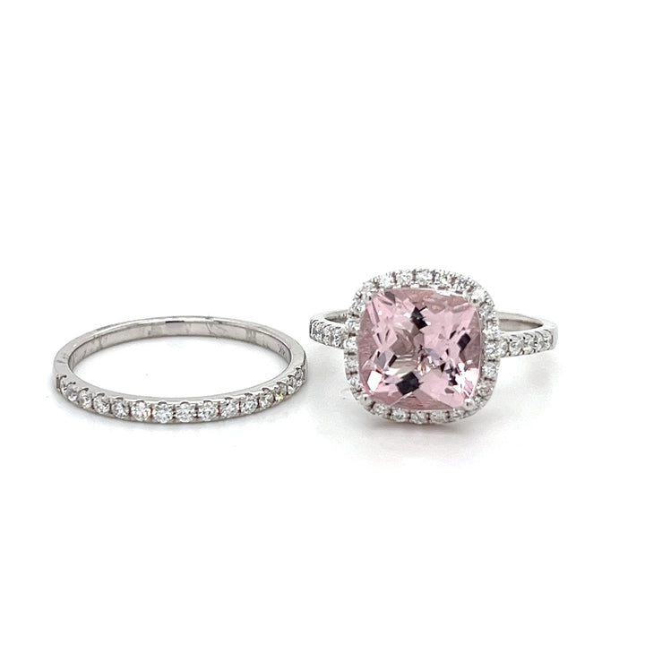 14K White Gold Ring with 2.79 Carat Cushion-Cut Pink Morganite Gemstone (PJC34189R) - 14K White Gold Ring with 2.79 Carat Cushion-Cut Pink Morganite Gemstone (PJC34189R)