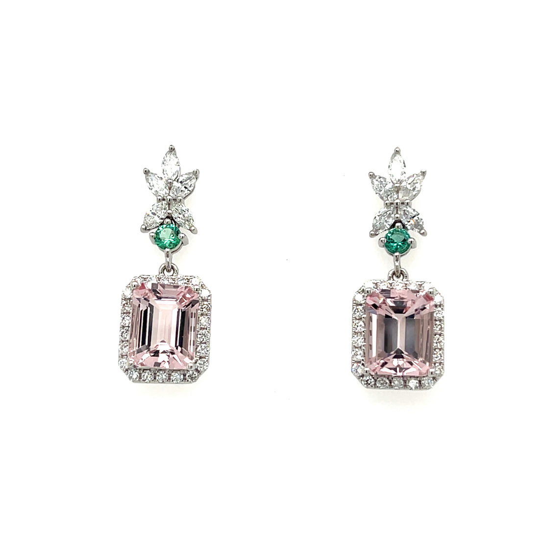 14K White Gold Rhodium Plated Octagon Cut Pink Morganite Earrings – 4.20 Carats of Elegant Beauty (PJC34191E)