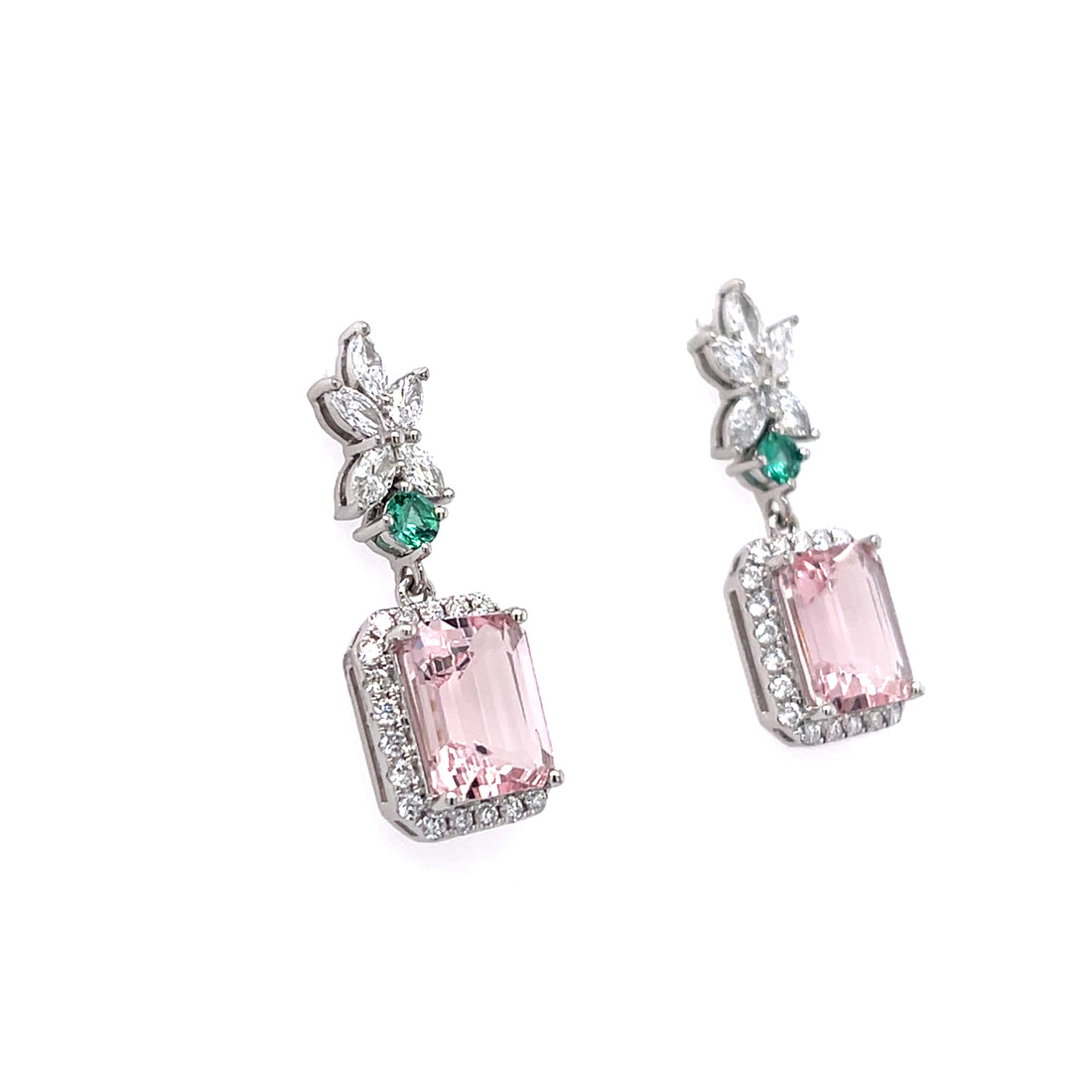 14K White Gold Rhodium Plated Octagon Cut Pink Morganite Earrings – 4.20 Carats of Elegant Beauty (PJC34191E)