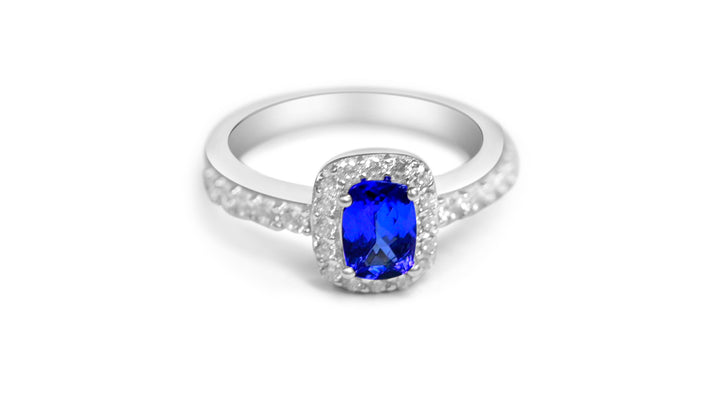 0.876 Carat Tanzanite Cushion Ring, Rhodium Plated Sterling Silver, Size 7 (PJC3467R) - 0.876 Carat Tanzanite Cushion Ring, Rhodium Plated Sterling Silver, Size 7 (PJC3467R)