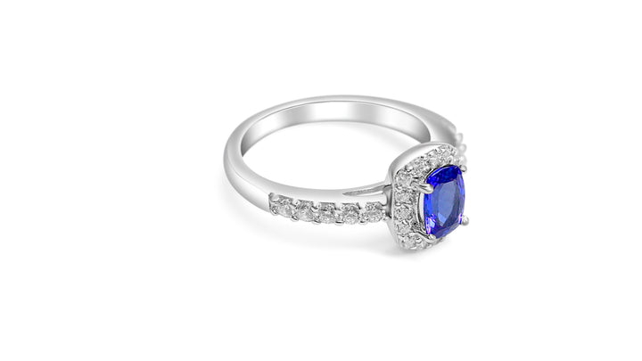 0.876 Carat Tanzanite Cushion Ring, Rhodium Plated Sterling Silver, Size 7 (PJC3467R)