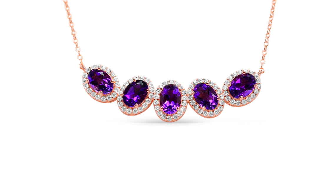 5-Stone Faceted Amethyst Necklace | 18K Rose Gold Plated Silver (PJC6816N-B)