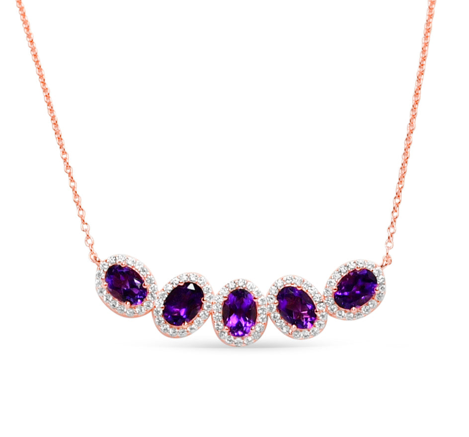 5-Stone Faceted Amethyst Necklace | 18K Rose Gold Plated Silver (PJC6816N-B)