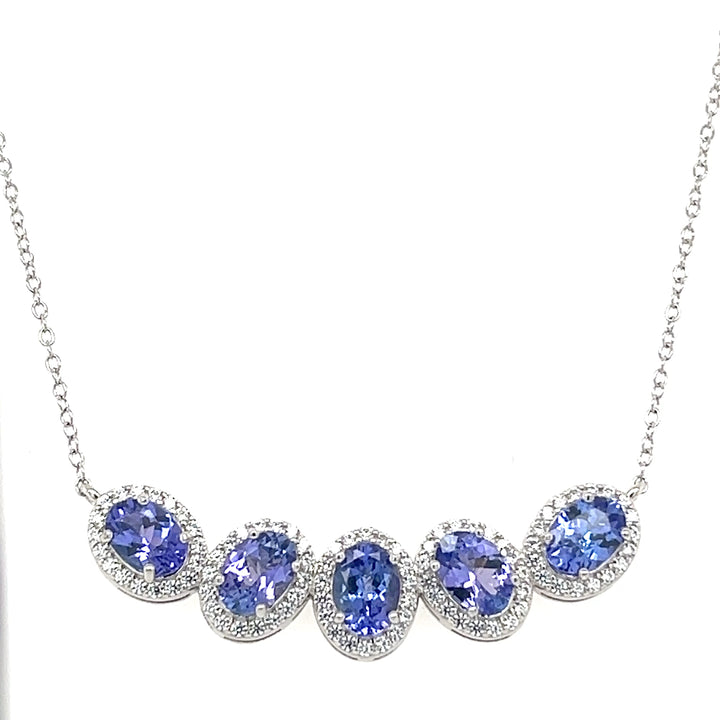 4 Carat Tanzanite Necklace: Oval-Cut, 5-Stone, Rhodium-Plated Jewelry (PJC6816N-E) - 4 Carat Tanzanite Necklace: Oval-Cut, 5-Stone, Rhodium-Plated Jewelry (PJC6816N-E)