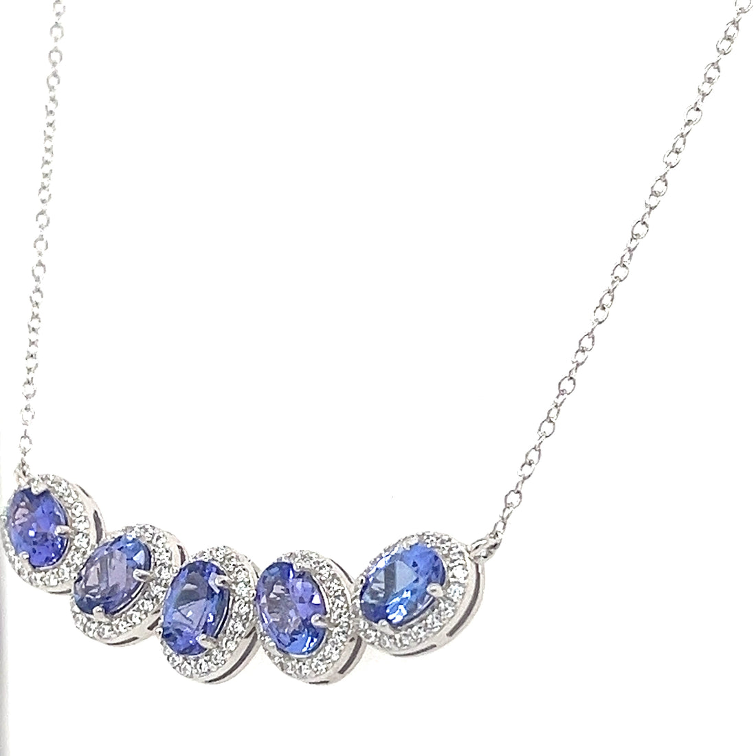 Oval Tanzanite and Round White CZ Rhodium Plated 925 Sterling Silver 156 Cts / 5.60 Gm Necklace PJC6816N