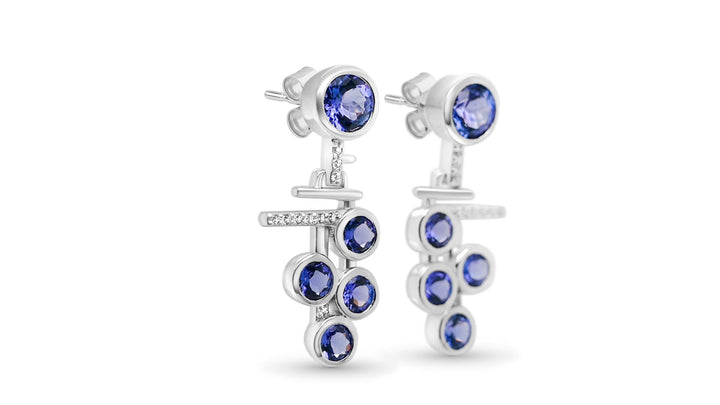 Round Tanzanite and Round White CZ Rhodium Plated 925 Sterling Silver 7.90 Cts / 5.81 Gm Earring PJC31653E - Bluestargemstones - - 