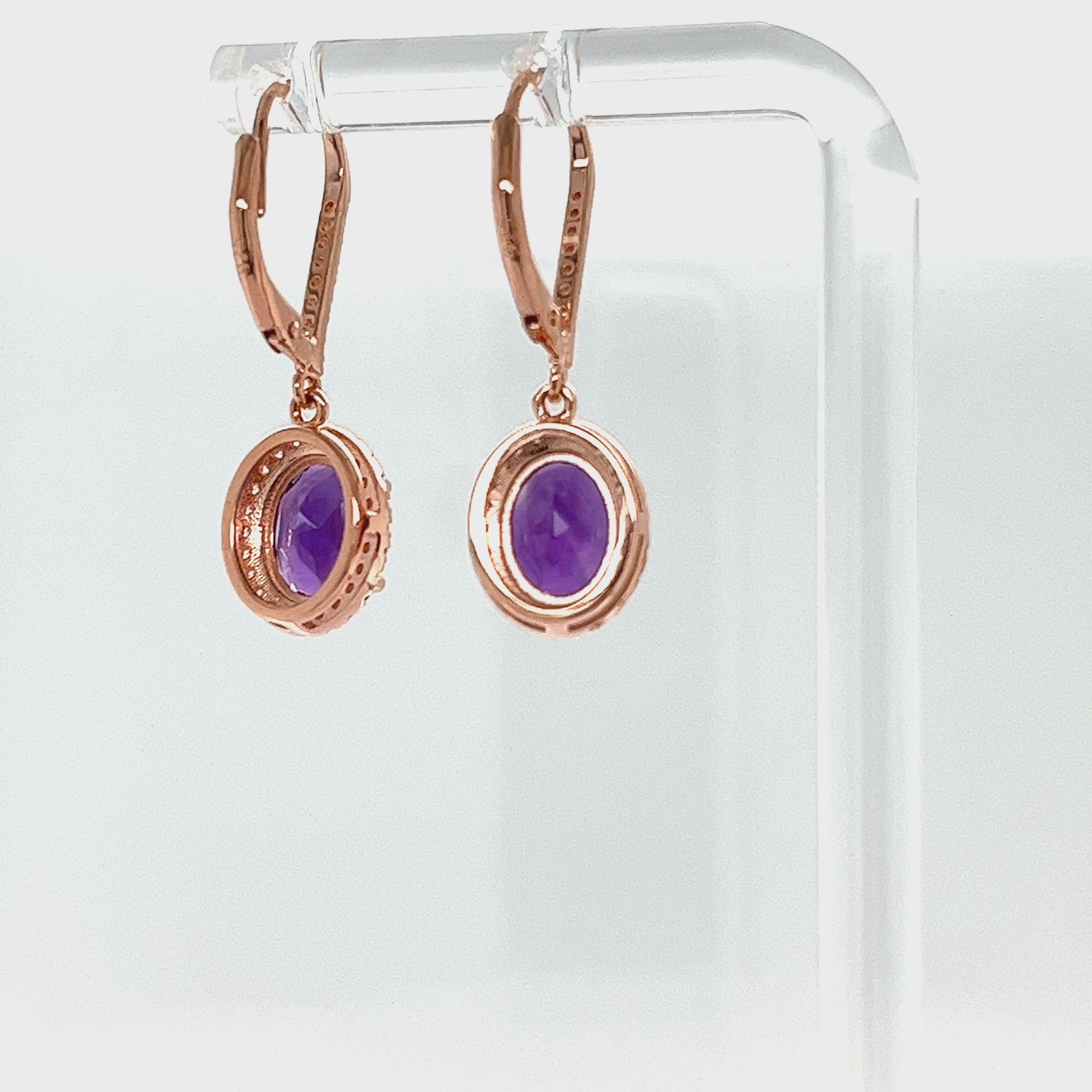 Oval Amethyst Leverback Dangle Halo Earrings 18K Rose Gold Overly 4